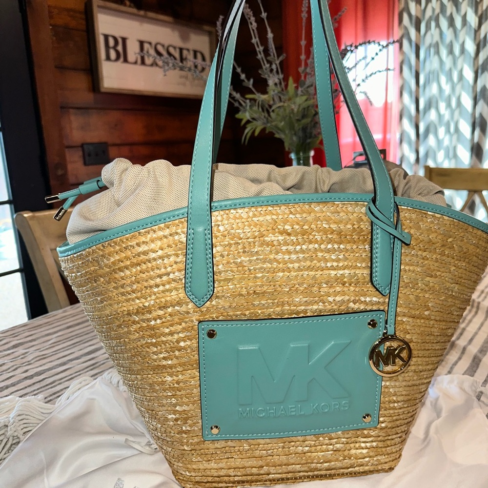 Michael Kors Tan and Green Tote Bag with Leather Trim - Picture 2 of 9